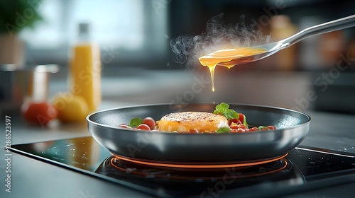 Cybernetic frying pan with transparent holographic butter melting into neon liquid in a futuristic AI controlled kitchen environment  Innovative high tech culinary equipment of the future