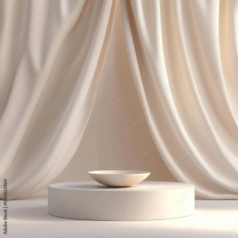 Elegant Minimalistic Scene with Round Platform and Soft Draped Curtains Elegant Minimalistic Scene with Round Platform and Soft Draped Curtains