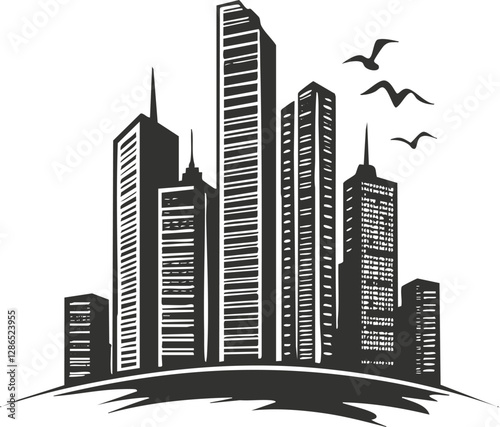 Black and white city skyline silhouette with skyscrapers and birds.