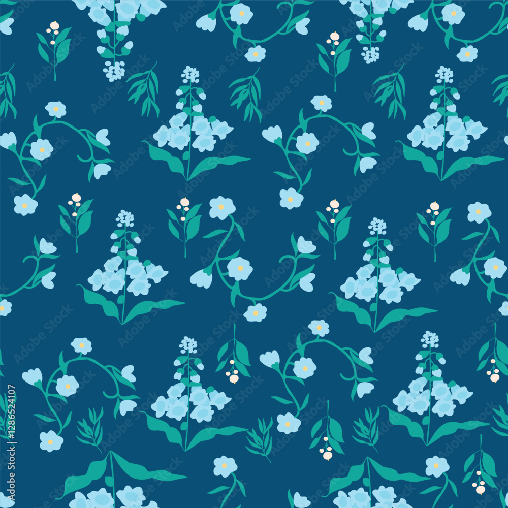 Vector Seamless pattern with wild baby blue flowers. Blue Bells Repeat Pattern Vector Seamless pattern with wild baby blue flowers. Blue Bells Repeat Pattern