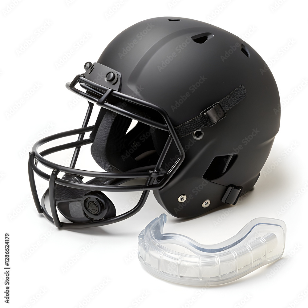 Fototapeta premium Black football helmet with clear mouthguard, protective gear, sport equipment, copy space