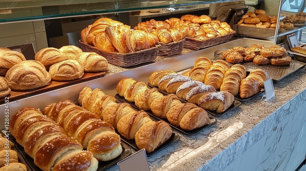 A bakery counter filled with fresh bread, croissants, and pastries A bakery counter filled with fresh bread, croissants, and pastries