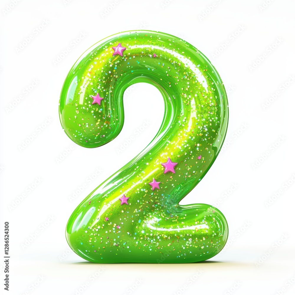 Number 2 made of neon green slime with iridescent star-shaped glitter floating inside isolated on a clean white background Number 2 made of neon green slime with iridescent star-shaped glitter floating inside isolated on a clean white background