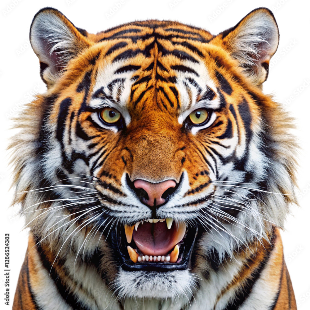 Highly detailed and realistic close-up of a tiger's face, with its mouth open in a roar Highly detailed and realistic close-up of a tiger's face, with its mouth open in a roar