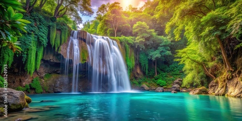 Waterfall in Tropical Island, serene atmosphere, vibrant colors,  serene atmosphere