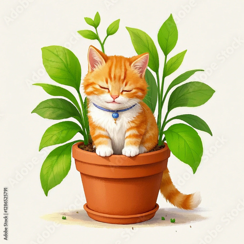 Cat  playing in pot, orange cat, ginger cat
