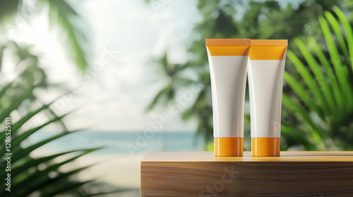 Pair of sunscreen tubes on a wooden podium with tropical backdrop