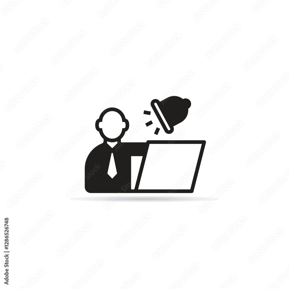businessman and bell notify on laptop icon with shadow on white background businessman and bell notify on laptop icon with shadow on white background