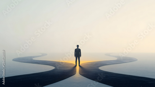 A person standing at a forked road, path glowing in golden light to the other fading into mist, symbolizing tough decisions, 3D render, deep shadows