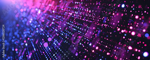 Abstract background with neon light lines and glowing dots, representing the speed of data transfer.
Sequin and Glitter Texture with Data Stream and Neon Background, combination of sequin and glitter 