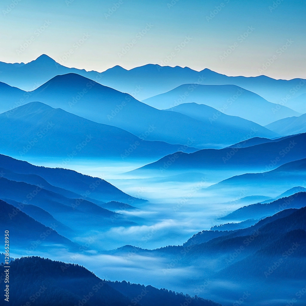 Serene blue mountain range with mist-filled valley at sunrise. Serene blue mountain range with mist-filled valley at sunrise.