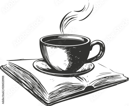 Illustration of a steaming coffee cup resting on an open book.