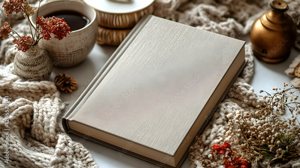 Fototapeta premium Cozy Autumn Still Life Photo - Book, Tea, Knit Blanket, Dried Flowers