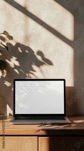Modern laptop with blank white screen on wooden desk, illuminated by natural sunlight casting plant shadow patterns on wall, creating minimalist workspace aesthetic scene.