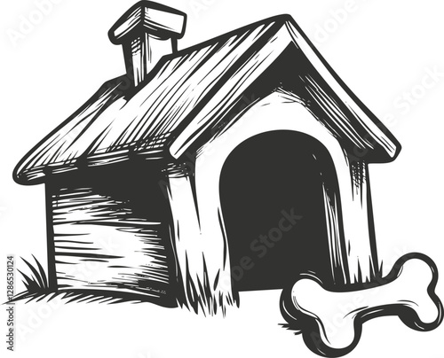Black and white sketch of a doghouse with a bone illustration.