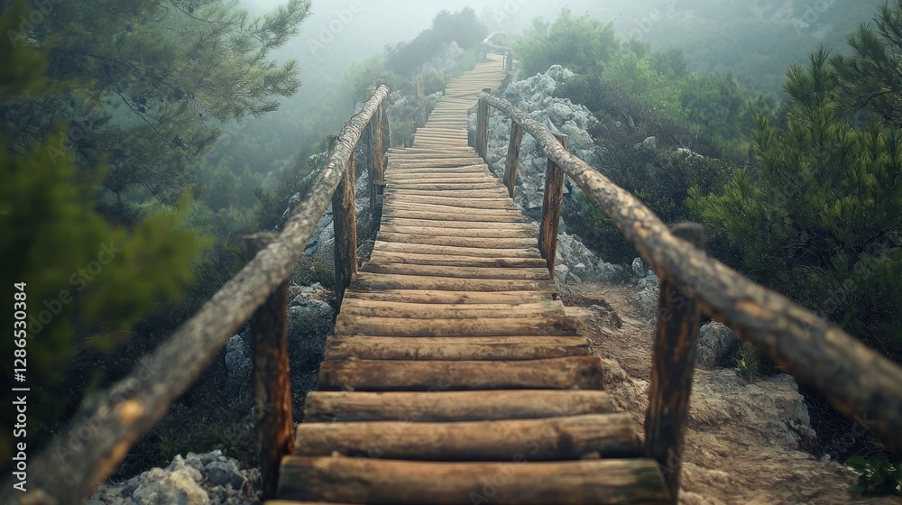 Fototapeta premium Misty Mountain Wooden Path: A Journey Through Serenity