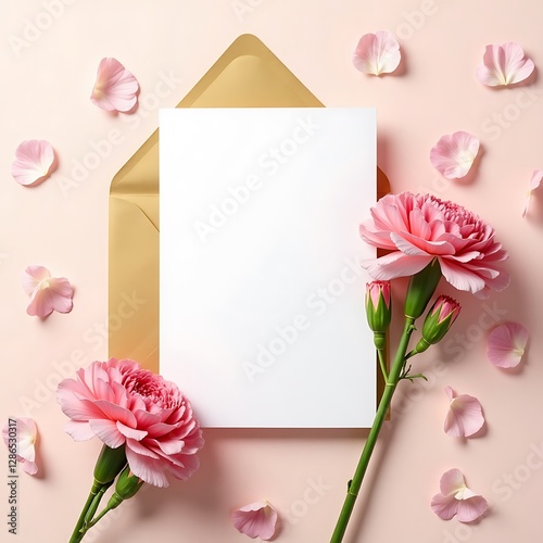 Flat lay of a clean white paper sheet with pink carnations on pink background top view close-up. Mothers day mockup design of greeting card, textured paper