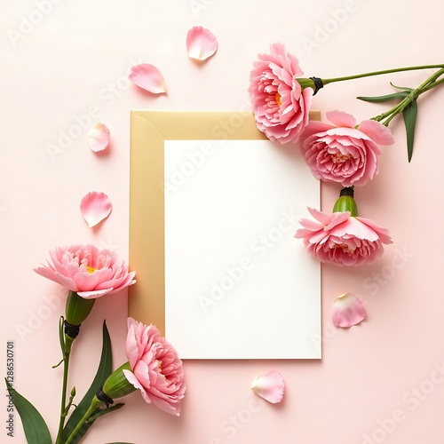 Flat lay of a clean white paper sheet with pink carnations on pink background top view close-up. Mothers day mockup design of greeting card, textured paper