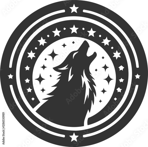 A wolf howling in a circular frame with stars in the background animal vector silhouette