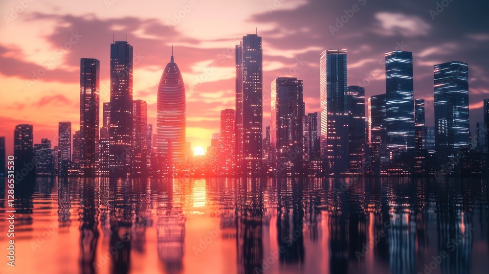 Fototapeta premium Sunset Cityscape: Modern Metropolis Reflecting in Calm Waters
