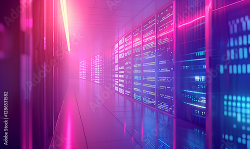 A long hallway with neon lights and a bright pink light at the end
Scalable technology, server racks, glowing data centers,
