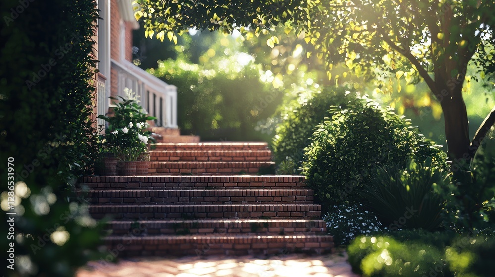 Obraz premium Sunlit Brick Steps Leading to a House in a Lush Garden