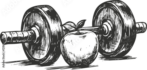 Illustration of a dumbbell and apple representing fitness and health balance.