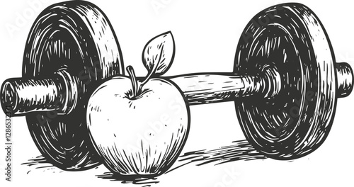 Illustration of a dumbbell with an apple symbolizing fitness and nutrition.