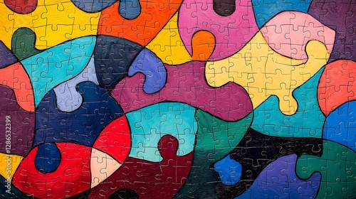 Vibrant abstract digital art composition featuring interconnected puzzle pieces in a variety of bold vibrant colors  This symbolic artwork represents the concept of acceptance diversity