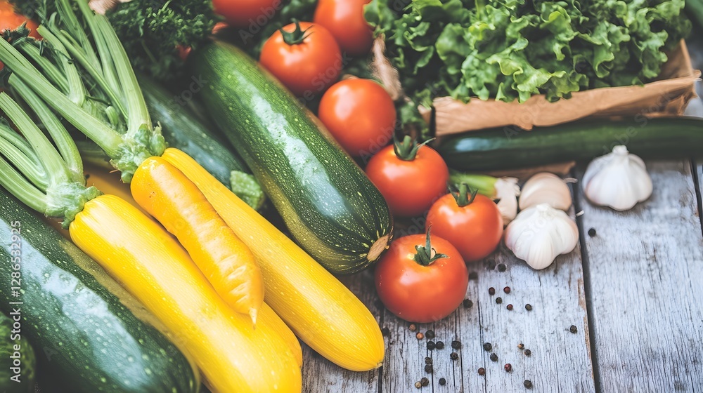 Freshly Harvested Vegetables Including Zucchini, Tomatoes, Garlic, and Lettuce on Wooden Surface Freshly Harvested Vegetables Including Zucchini, Tomatoes, Garlic, and Lettuce on Wooden Surface