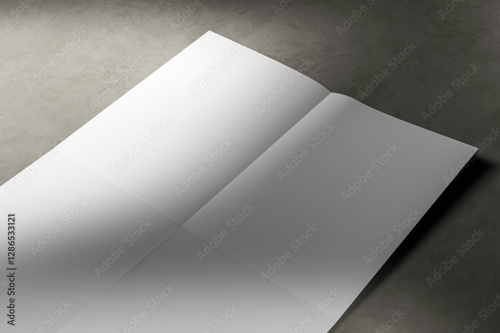 Blank folded paper sheet on textured grey concrete background. 3D Rendering Blank folded paper sheet on textured grey concrete background. 3D Rendering