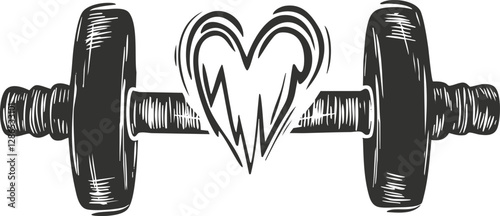 Black and white illustration of a dumbbell with a heart symbol.