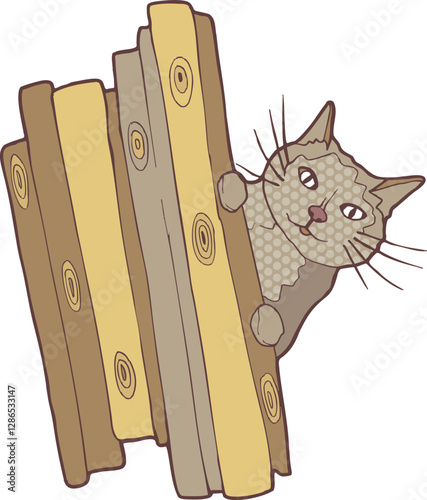 Chat qui se cache derrière une balustrade en bois