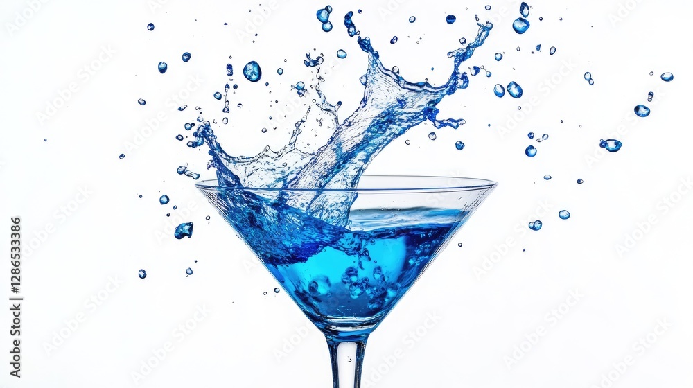 A dynamic splash of neon blue cocktail shoots upward from a martini glass, creating an electrifying energy against a white background. A dynamic splash of neon blue cocktail shoots upward from a martini glass, creating an electrifying energy against a white background.
