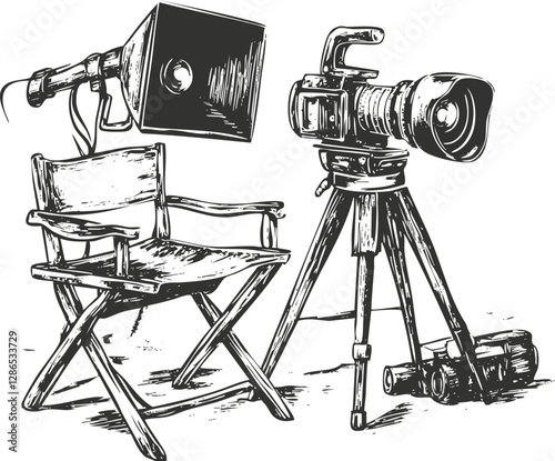 Black and white sketch of a vintage film camera and director's chair.