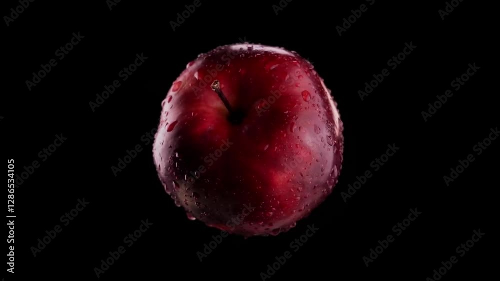 A juicy red apple in water droplets slowly rotates, glistening under the light. A juicy red apple in water droplets slowly rotates, glistening under the light.