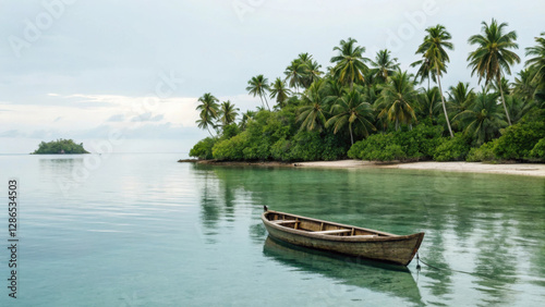 small wooden boat floating on calm water near tropical island, surrounded by lush palm trees and serene nature. tranquil scene evokes sense of peace and relaxation