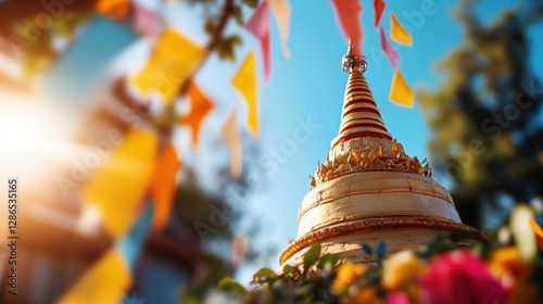Golden stupa with fluttering prayer flags against a bright blue sky, captured from a low angle with sunlight illuminating the scene