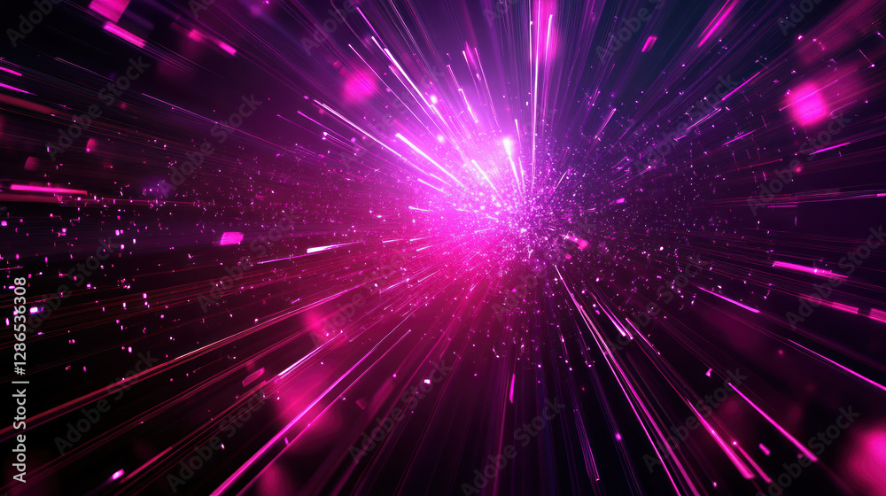 Obraz premium vibrant explosion of pink light beams and particles creates dynamic, futuristic scene. abstract composition suggests movement and energy, evoking sense of speed and innovation