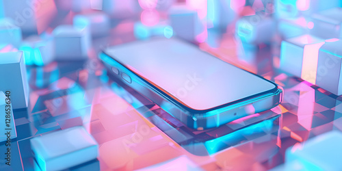 Smartphone showing colorful social media post promoting Cyber Monday, neon colors
Smartphone profesional Mockup
Pink and blue gradient on smartphone screen, vibrant tech background for digital display
