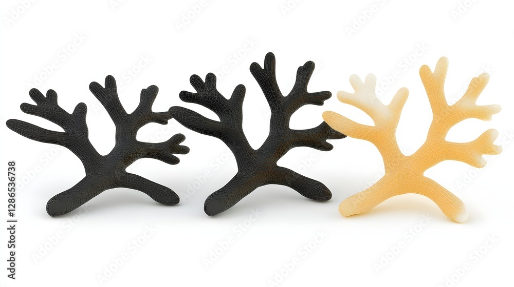 Set of Artificial Coral Decorations in Black, White, and Yellow Colors on a White Background Set of Artificial Coral Decorations in Black, White, and Yellow Colors on a White Background