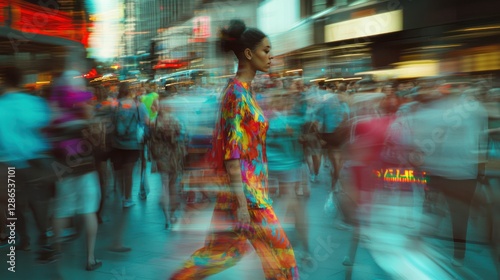 Woman in Times Square, vibrant colors and motion blur