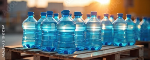 Stacked blue water bottles on a wooden pallet, ready for delivery. Perfect for showcasing water delivery services and hydration solutions.