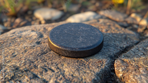 round black badge resting on stone surface, showcasing its smooth texture and subtle shine photo