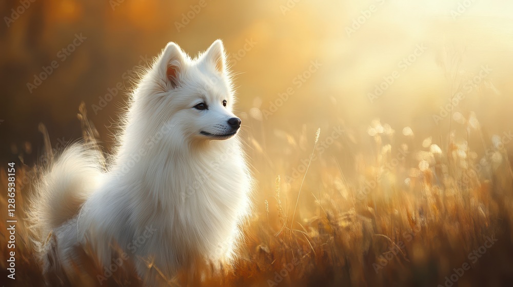 Obraz premium Fluffy White Dog in Golden Sunset Field