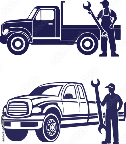 vector silhouette of a mechanic repairing a truck with a wrench, ideal for automotive, repair, and transportation