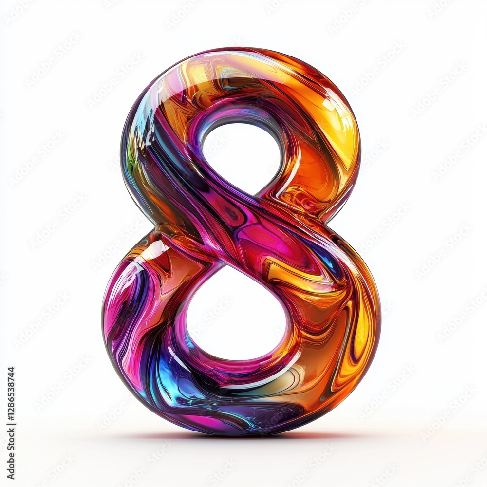 Number 8 made of molten glass with swirling colors and partially transparent reflections isolated on a clean white background Number 8 made of molten glass with swirling colors and partially transparent reflections isolated on a clean white background