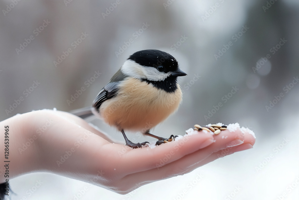 Naklejka premium Small bird resting on a hand with seeds.