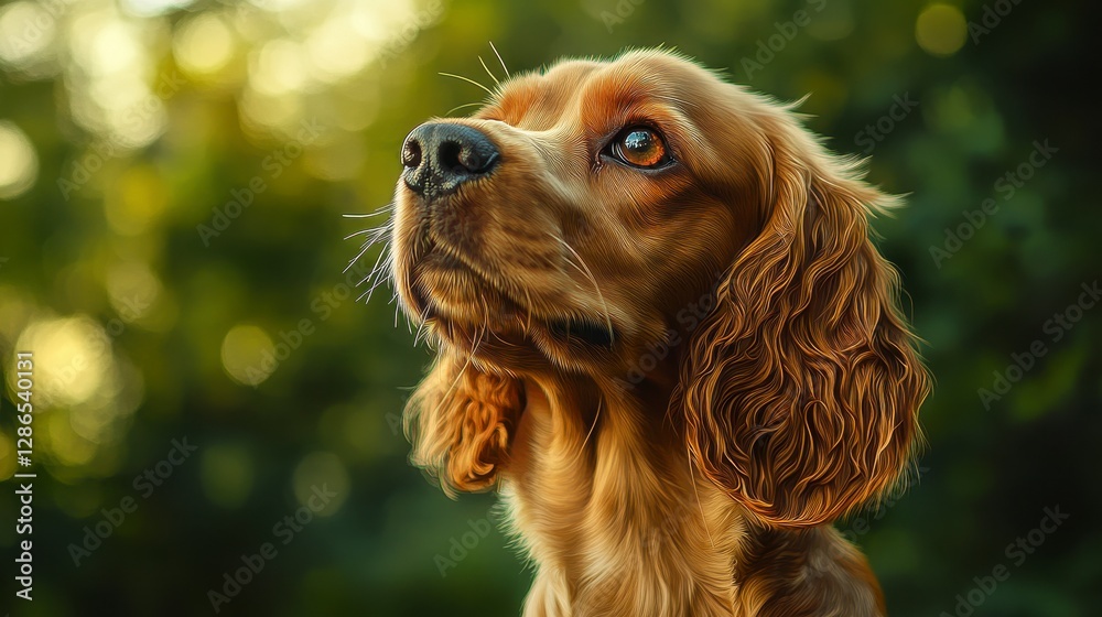 Adorable Golden Cocker Spaniel Dog Portrait Looking Up Nature Background Adorable Golden Cocker Spaniel Dog Portrait Looking Up Nature Background