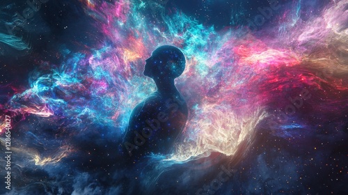 A futuristic AI creates an artificial nebula, weaving glowing stardust into intricate celestial patterns